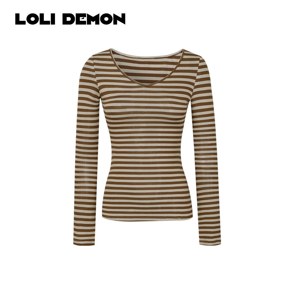 Sweet Vintage Lady Collection | Toffee Stripe Retro Vibe Hourglass-Fit Base Layer T-Shirt