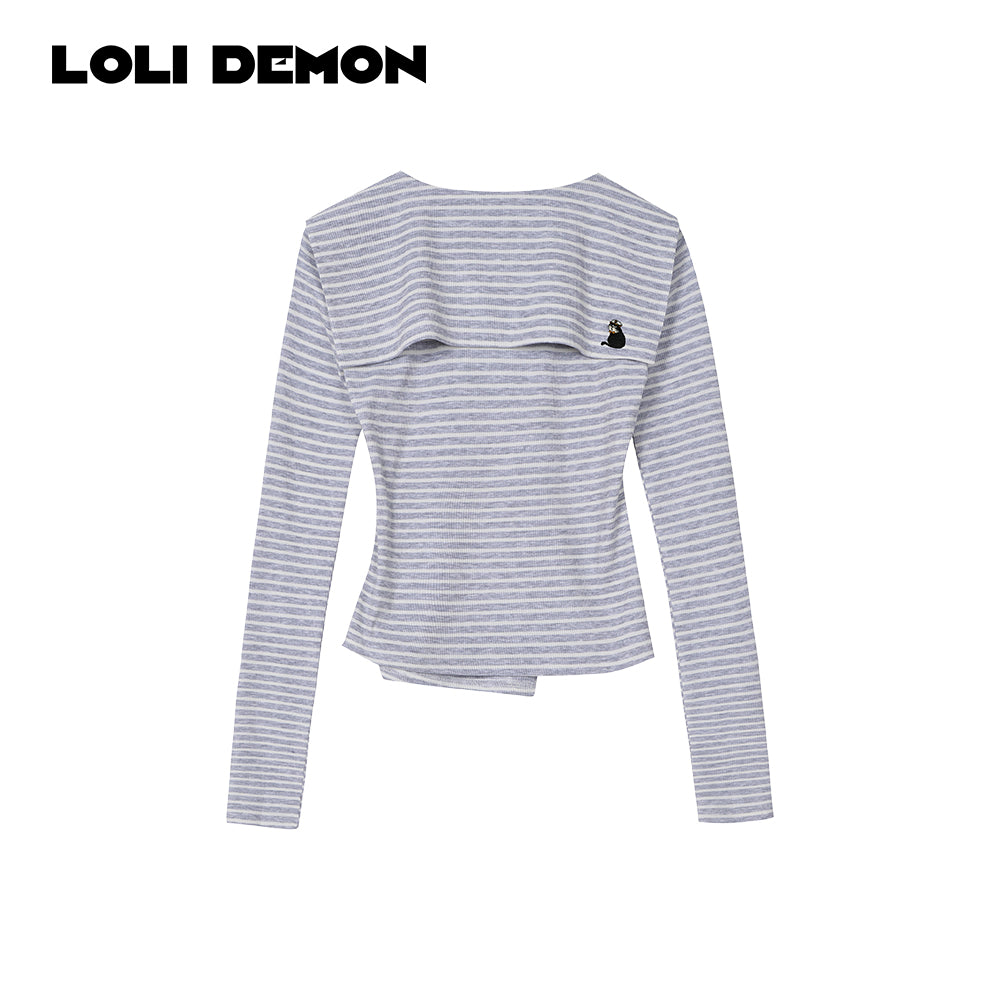 "Meow Embroidery" | Ultra Figure-Flattering Vintage Striped Sailor Top