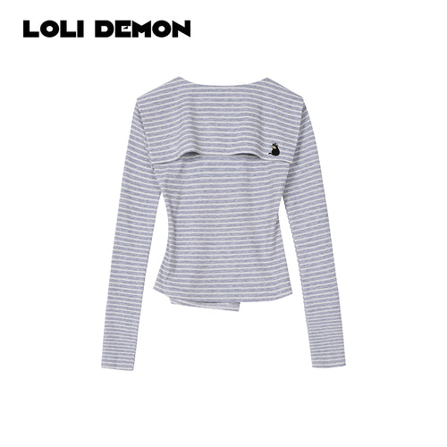 "Meow Embroidery" | Ultra Figure-Flattering Vintage Striped Sailor Top