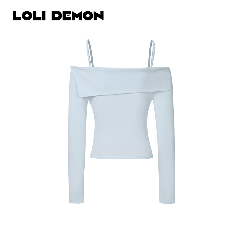 Cream Puff Collection | Baby-Soft Silky Cotton Off-the-Shoulder Collared Embroidered Base Layer T-Shirt